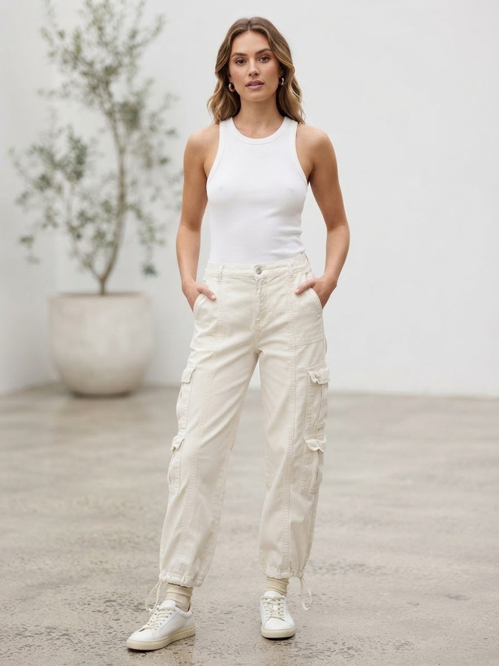 Happily Grey White Cotton Parachute Cargo Utility Pants Large EUC